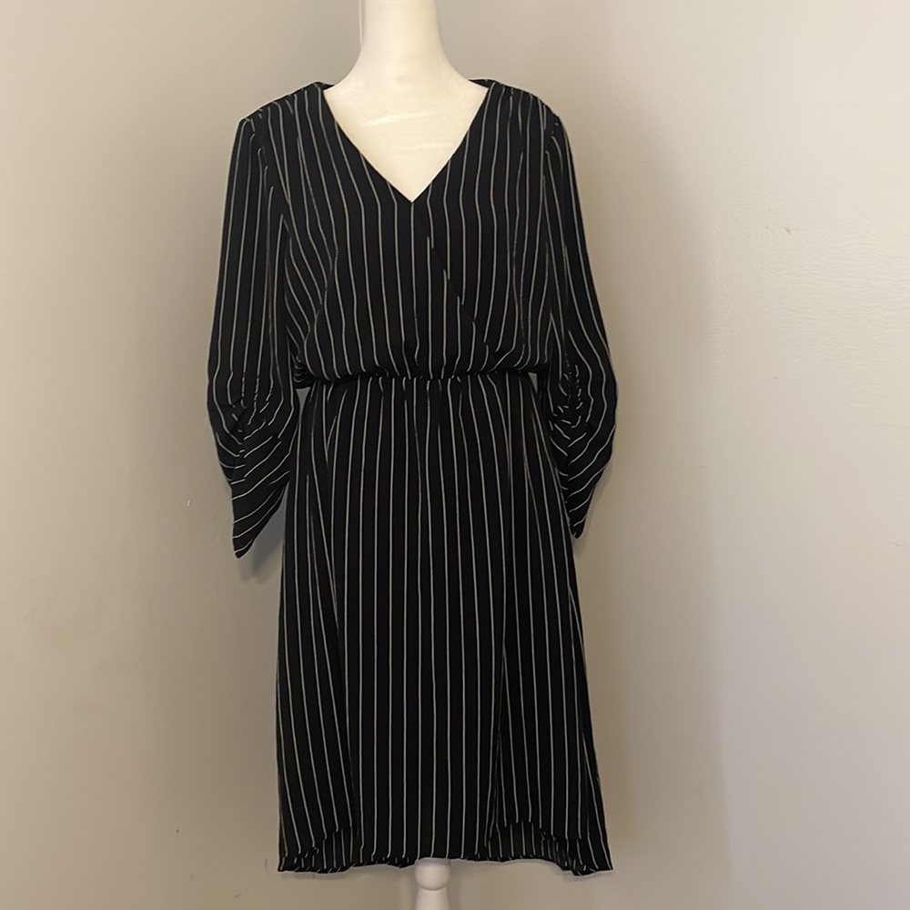 Bobeau black and white striped faux wrap High low dress, size Medium